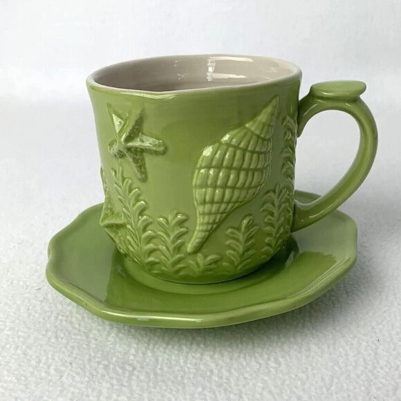 Andrea By Sadek Coffee Mug and Saucer Green Seashell Pattern Ceramic Nautical - Picture 1 of 12